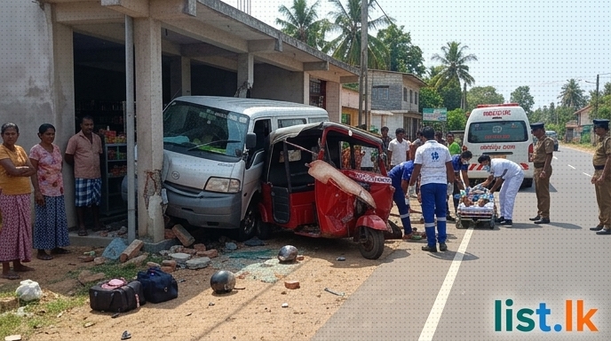 Five Hospitalised After Van Collides with Three-Wheeler and Building in Puttalam